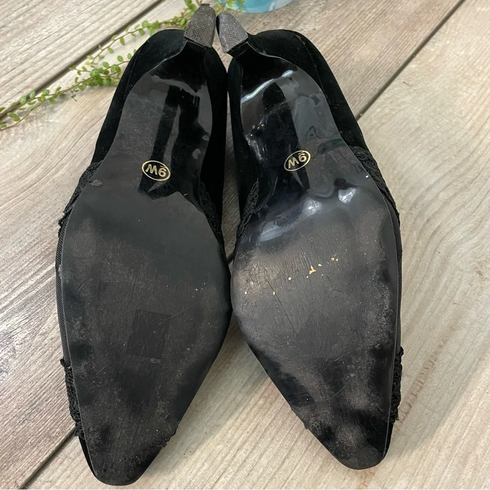 Vintage Black Velvet Kitten Heels Women’s 9 Lace Rhinestone Almond‎ Toe